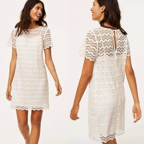 Ann Taylor LOFT Shift Dress Sz 2 Ivory Lace Chevron Crochet Casual Wedding - Picture 1 of 14
